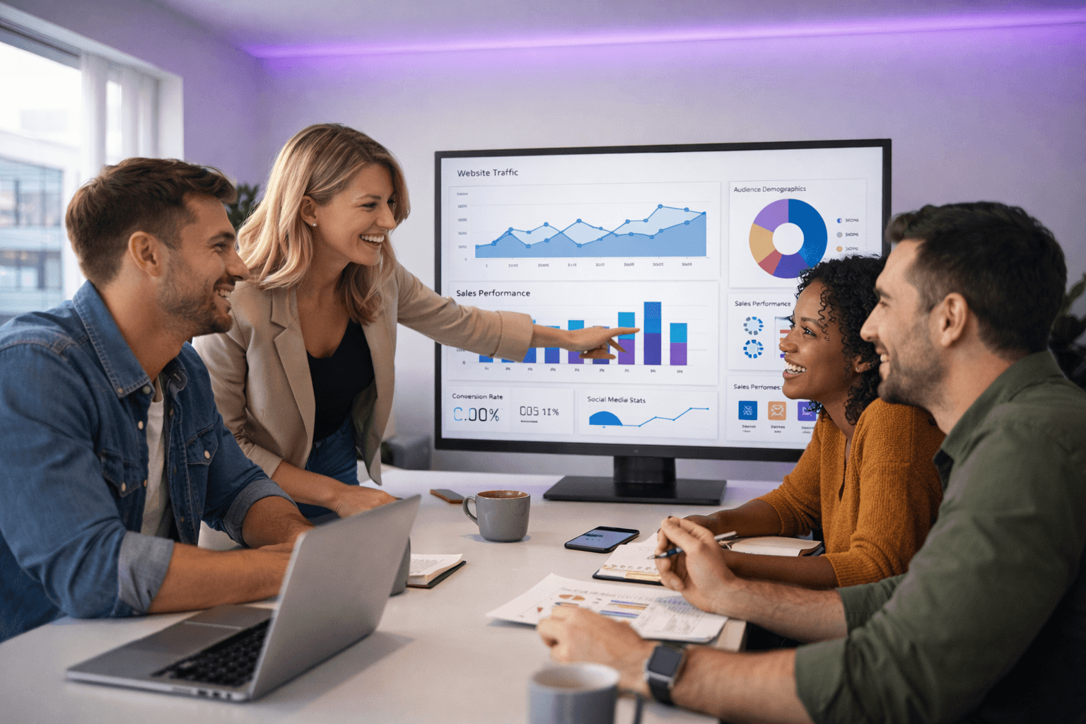 InstaPitch team collaborating around analytics dashboards