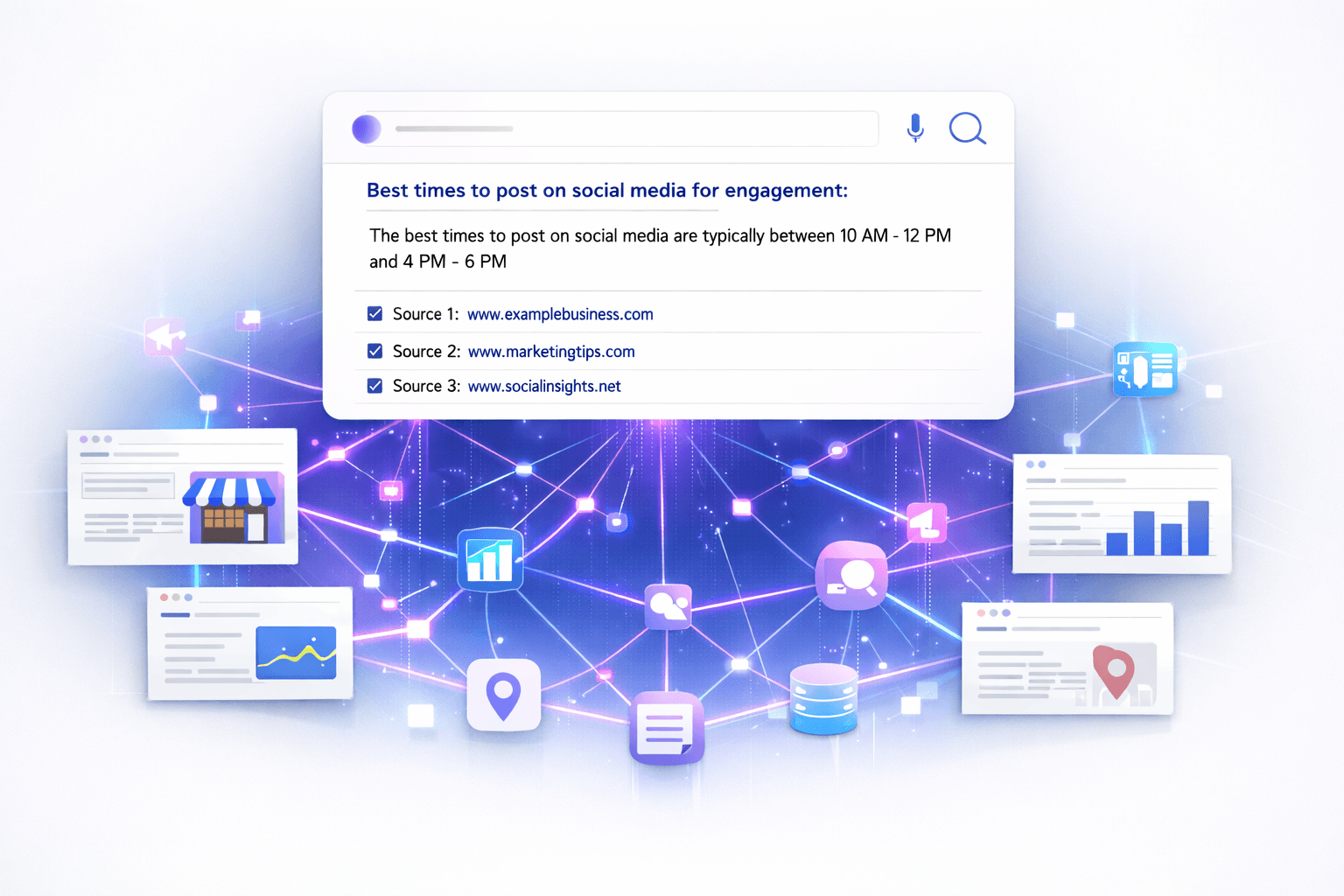 AI answer engine displaying search results with cited sources and connected data nodes