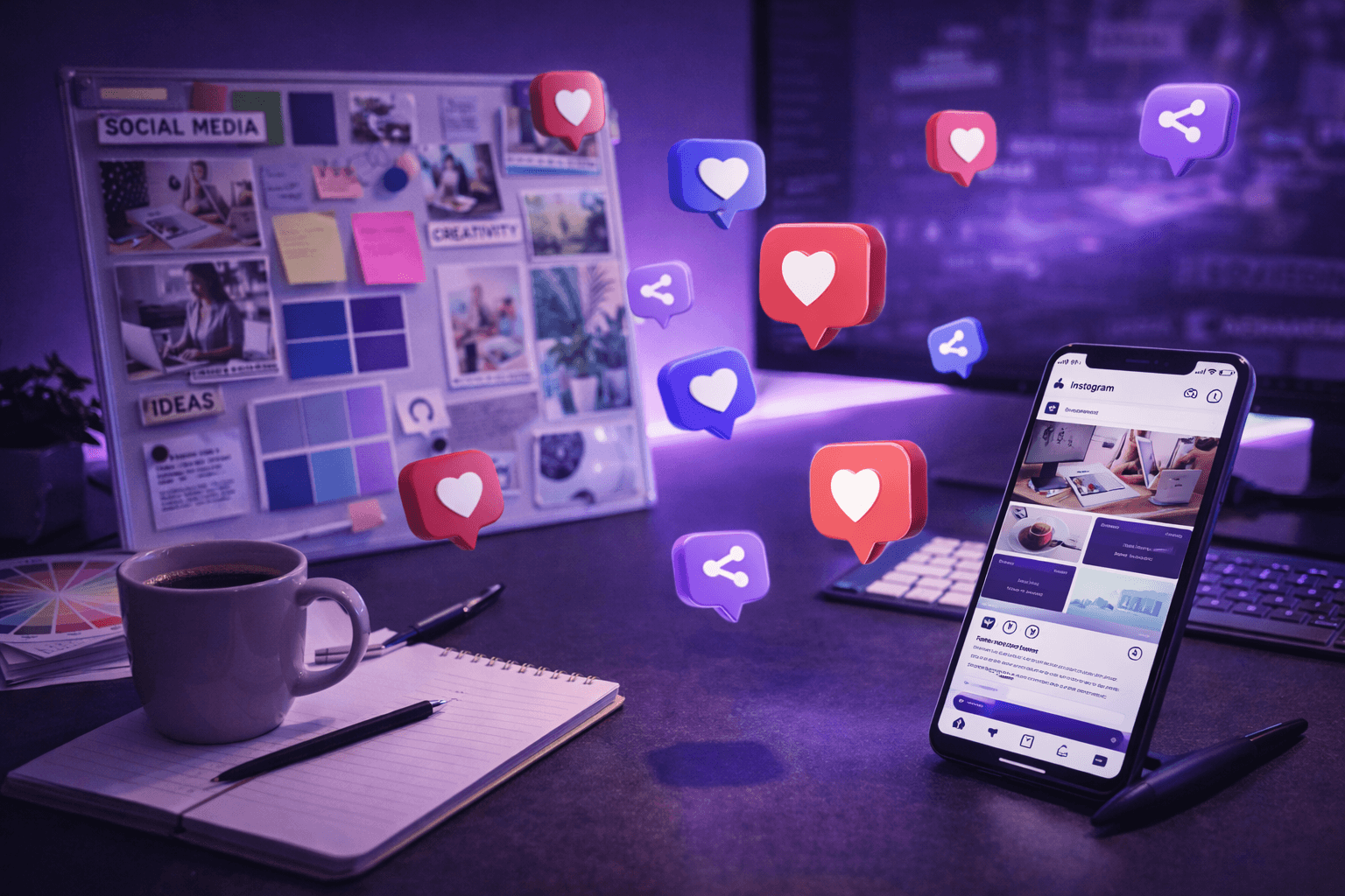 Social media workspace with engagement icons and Instagram feed