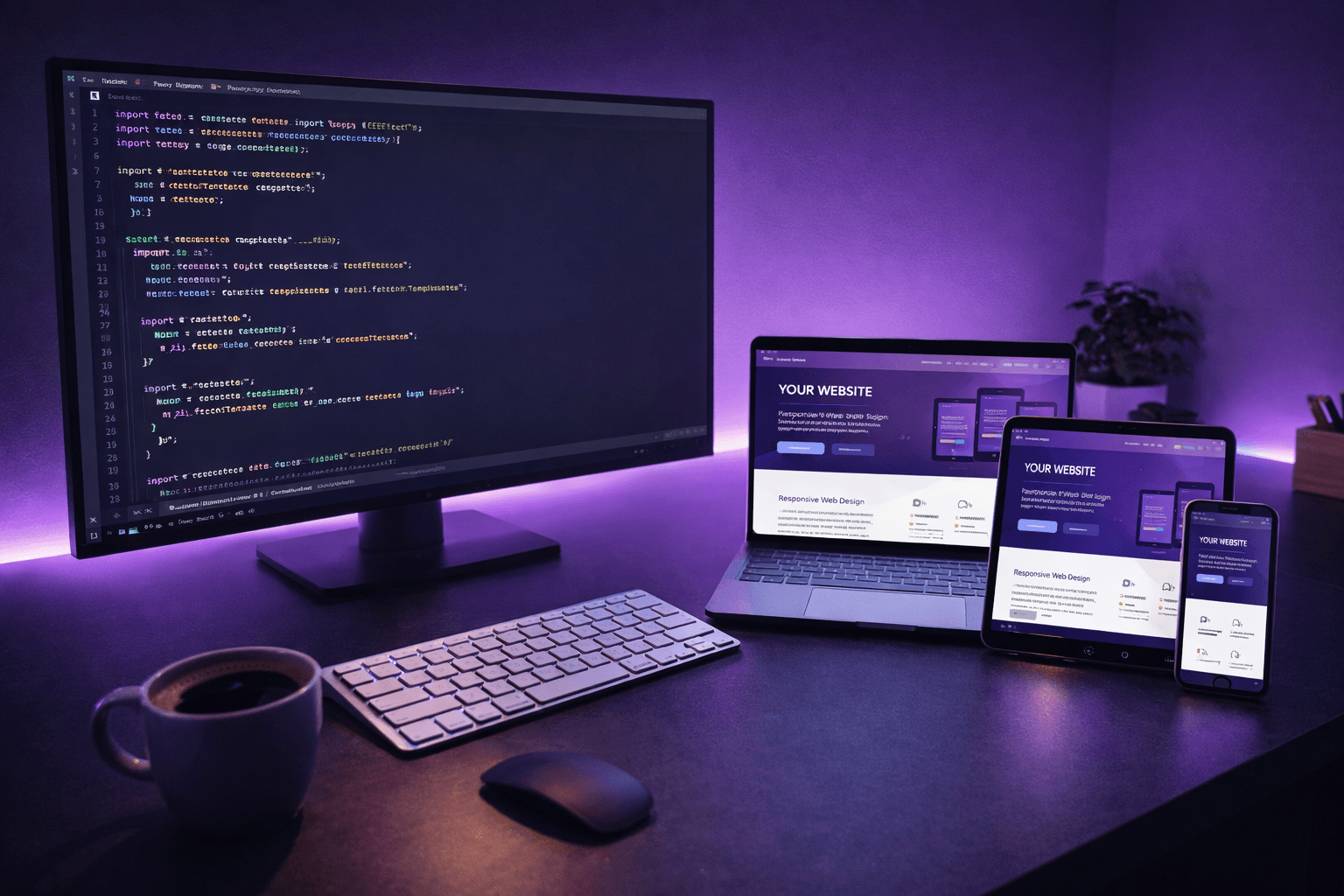 Code on a monitor with responsive website mockups on multiple devices